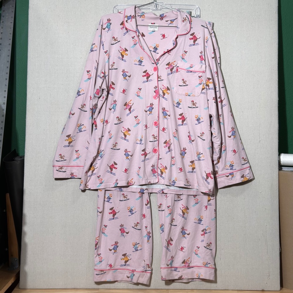 BedHead PJs Pajama Set Women 1X Pink Skiing Dogs Winter Sleepwear
